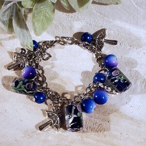 Vintage Murano Glass Beads Blue Silver Charm Bracelet